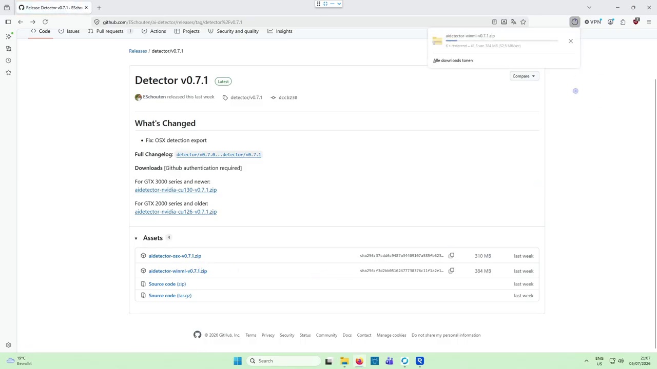 GitHub releases page of the AI detector with the macOS download file
