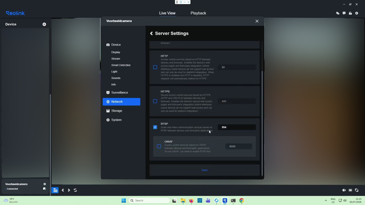 Enabling the RTSP toggle in the Reolink camera app
