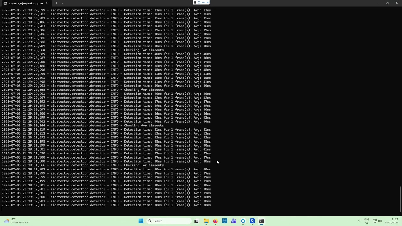 Terminal window with the detection log of the AI detector