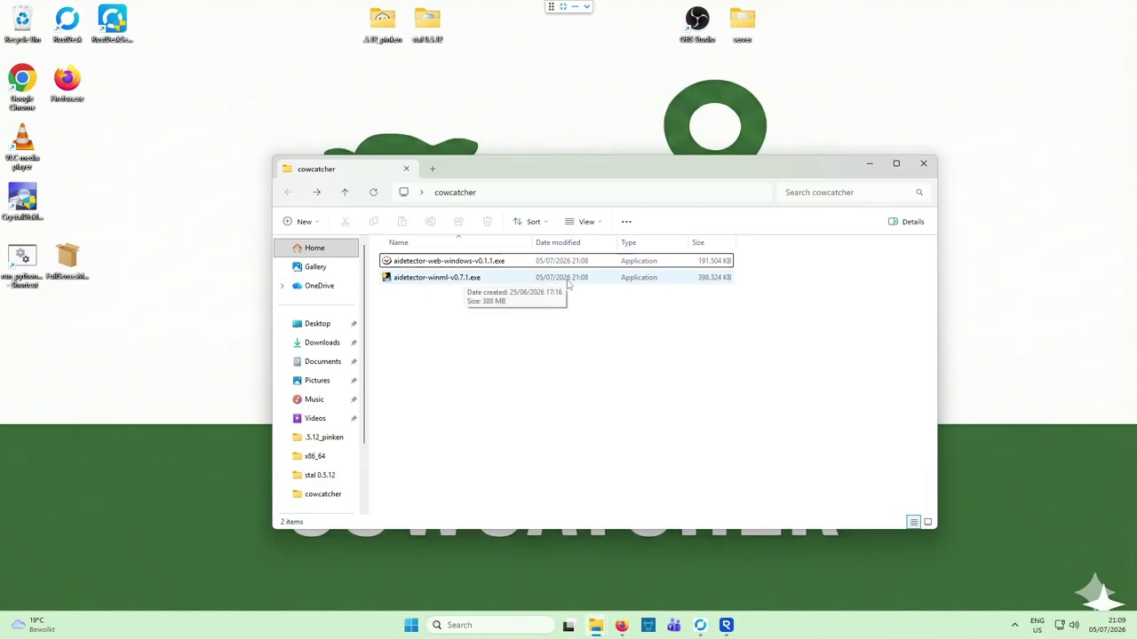 The unpacked programs in the Cowcatcher folder on the Windows desktop
