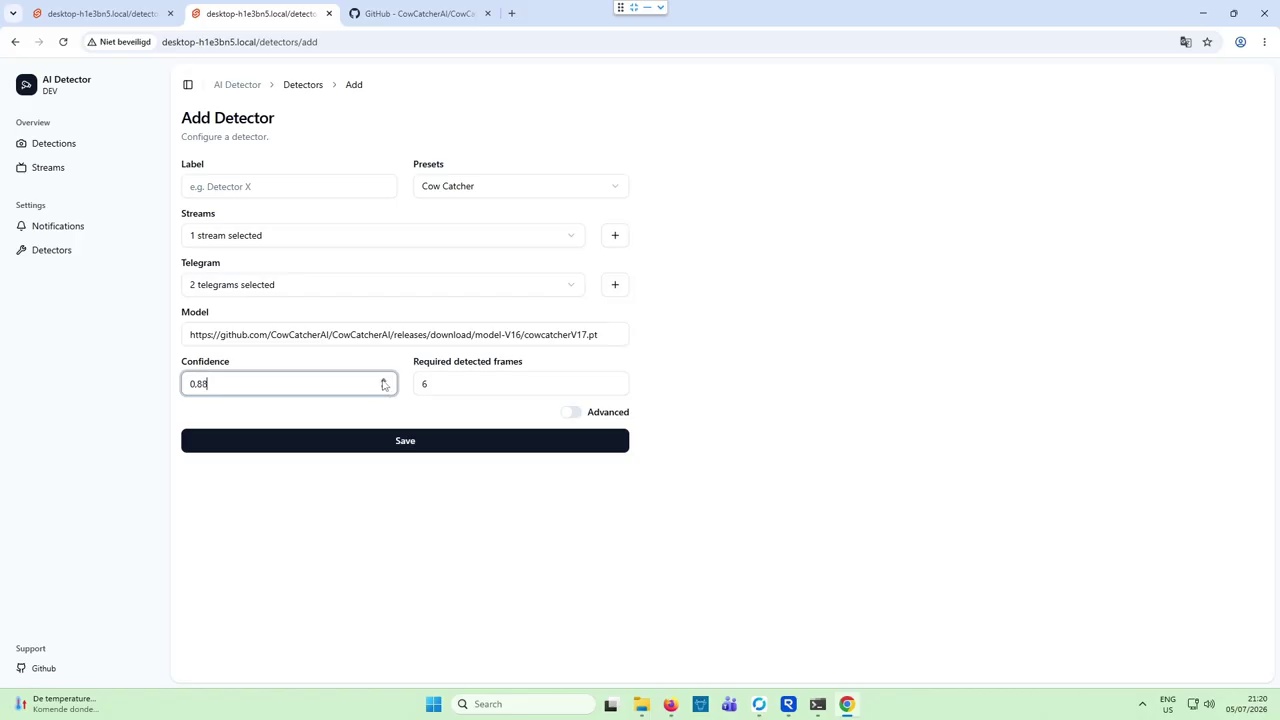 Add detector screen of the CowCatcher AI web interface
