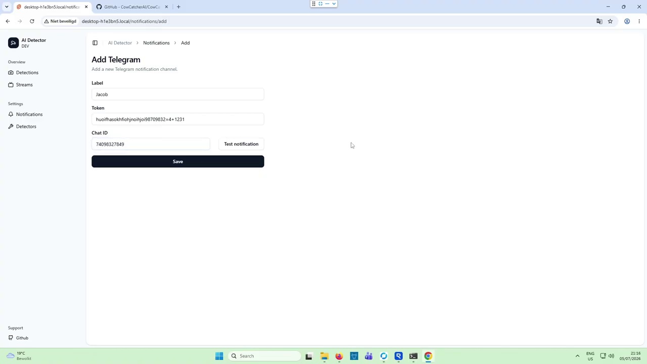 Add Telegram notification screen of the CowCatcher AI web interface