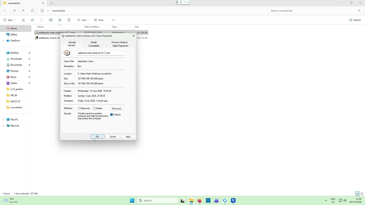 Windows file properties with the Unblock checkbox ticked